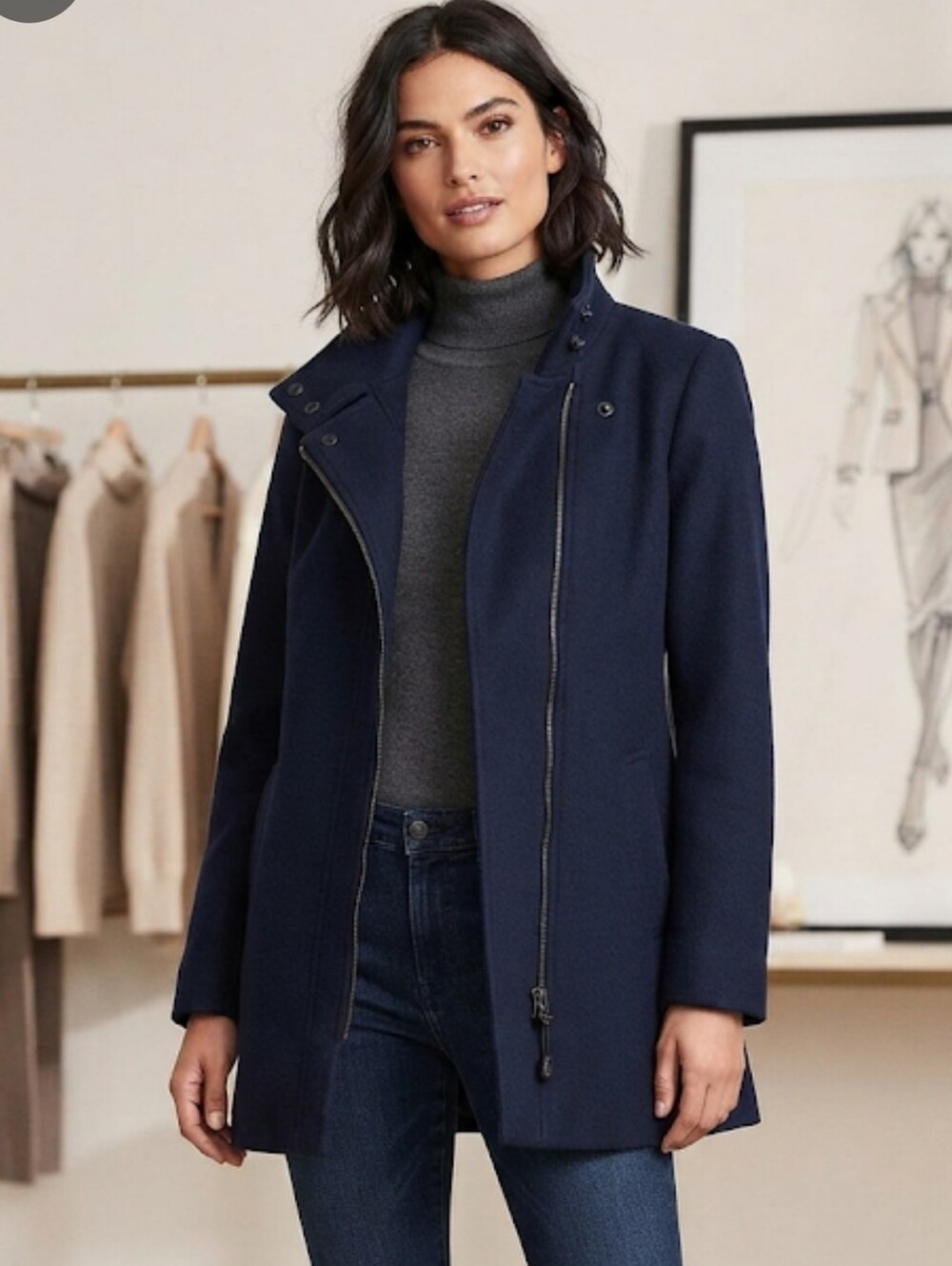 Theory Testro Dearly Coat with Leather Trim Size Small Petite Navy